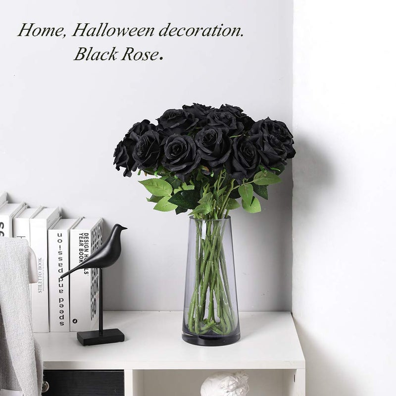 Laelfe 12 PCS Artificial Flowers Black Roses, Fake Silk Flower Long Stem Artificial Rose for Halloween Home Wedding Party Decorations(Black) - Image 2
